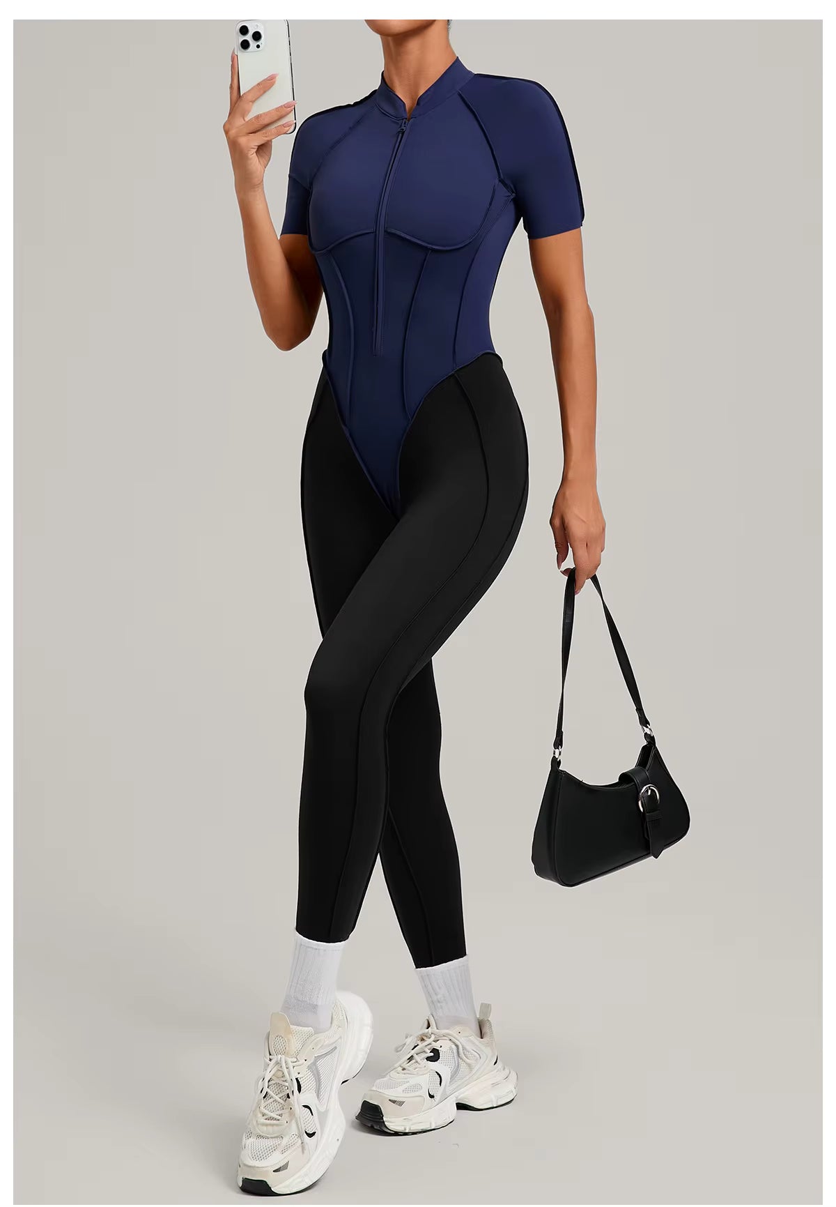 Women’s long sleeve one-piece jumpsuit yoga gym workout outfit, color-block fitness bodysuit activewear