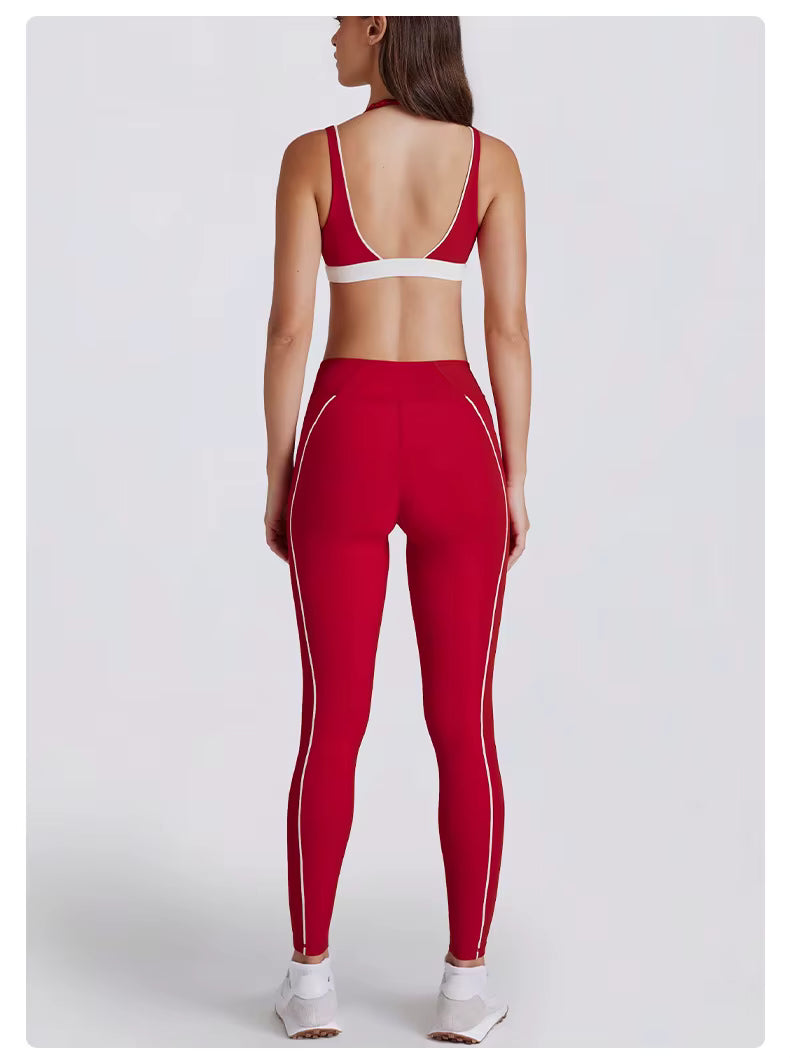 Women's Two-Piece Yoga Set with V-Neck Contrast Color Design, Beauty Back Faux Bra, High-Elastic Quick-Dry Fabric, Fitness Training and Running Shorts Set