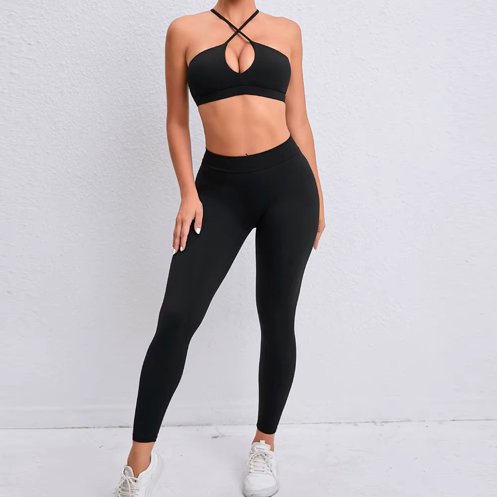 Women’s Cross-Back Backless Sports Set, Fitness Tracksuit, Push-Up Gym Leggings, Yoga Wear