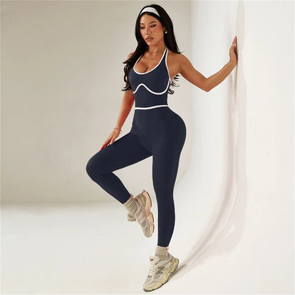 Sleeveless sports yoga one-piece outfit, women’s color-block one-piece yoga long pants fitness wear set.