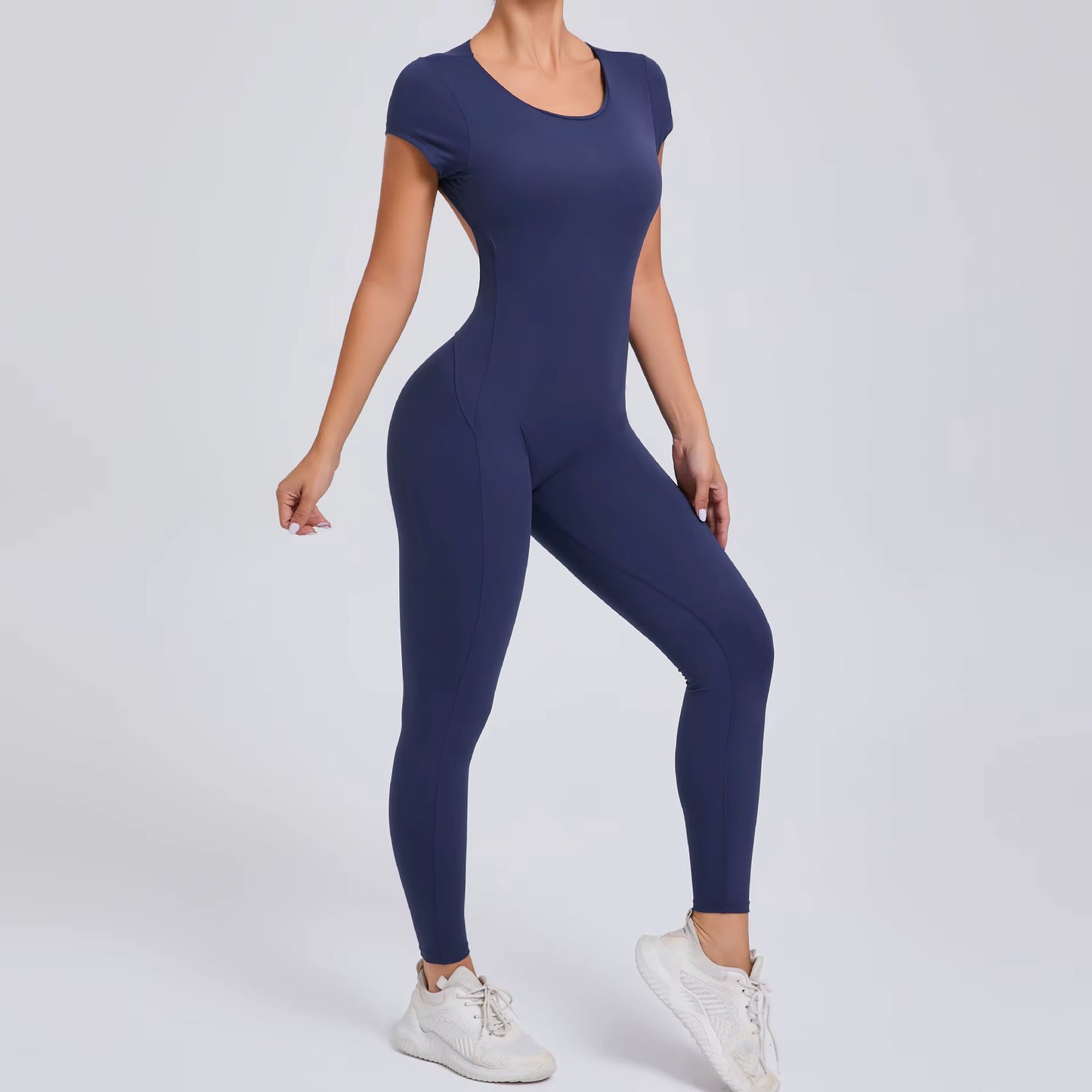 Women’s One-Piece Yoga Jumpsuit, Short Sleeve Open Back Slim Fit Sportswear, Quick-Dry Hip-Lift Fitness Gym Bodysuit