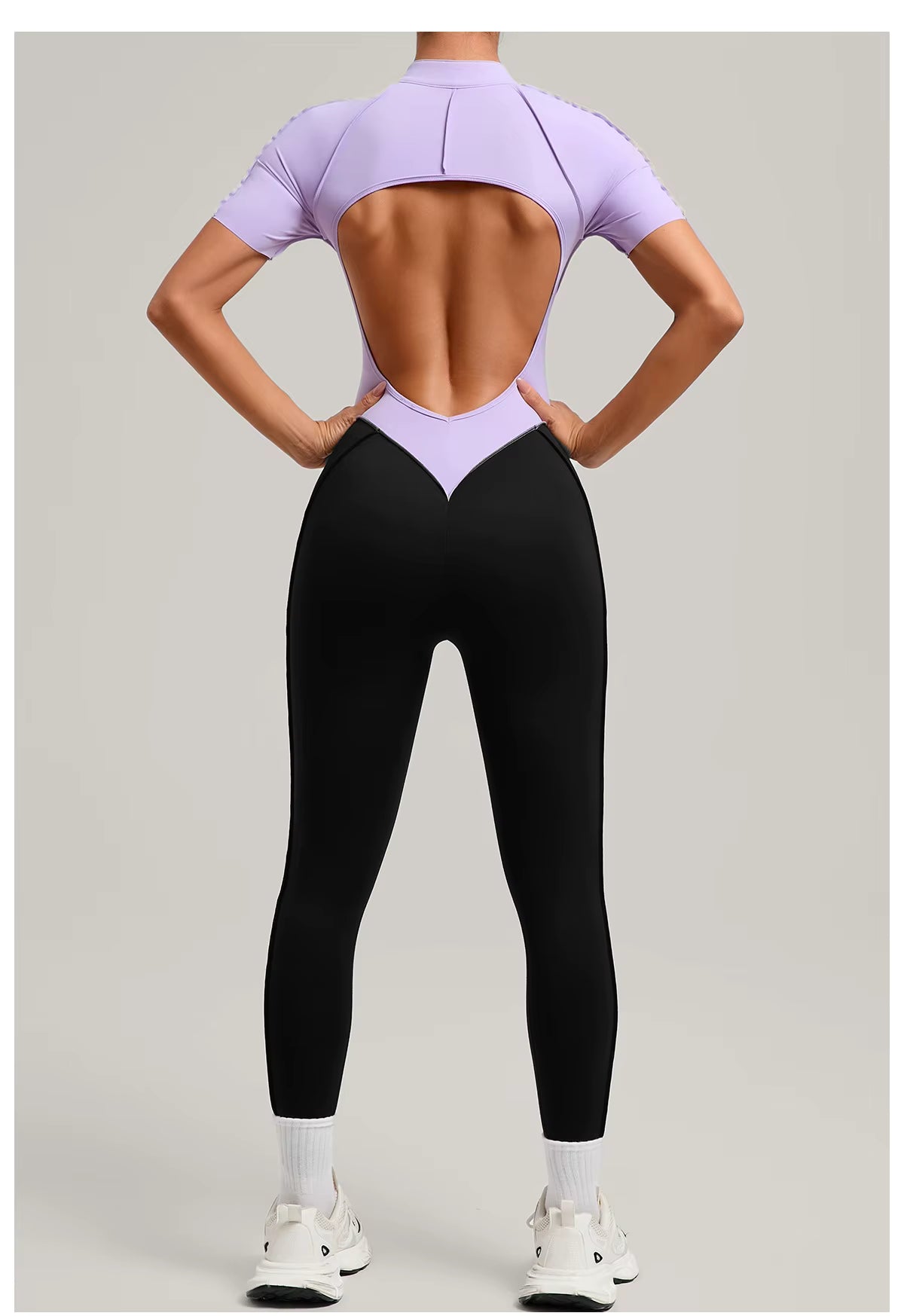 Women’s long sleeve one-piece jumpsuit yoga gym workout outfit, color-block fitness bodysuit activewear
