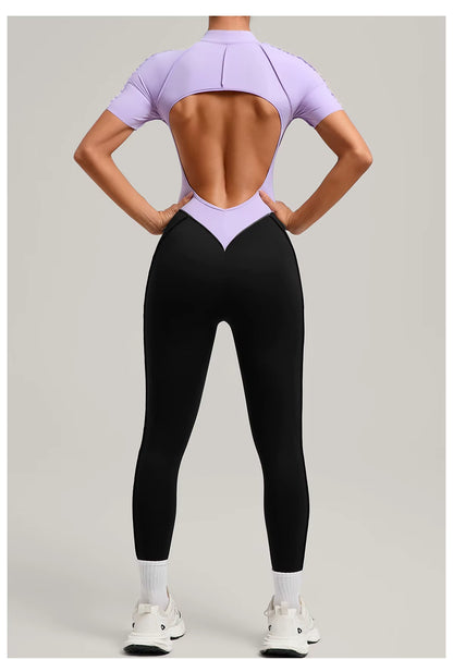Women’s long sleeve one-piece jumpsuit yoga gym workout outfit, color-block fitness bodysuit activewear