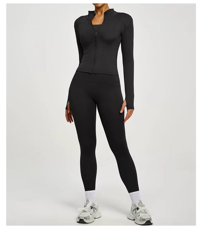 SVEIC Two-Piece Set: Yoga Jacket, Sports Top, Long Sleeve Zip-Up Jacket, Breathable Fitness Wear, High-Waisted Leggings, Women’s Gym Outfit