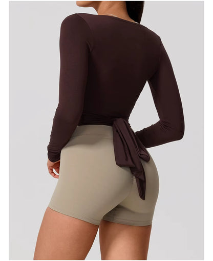 New women’s long sleeve one-piece yoga bodysuit, premium training yoga wear, ballet wrap top for women, gym sports top.