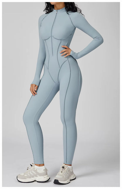 Long Sleeve Yoga Bodysuit Women’s Gym Jumpsuit with Zipper – One-Piece High-Intensity Training Fitness Activewear Tights