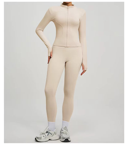 SVEIC Two-Piece Set: Yoga Jacket, Sports Top, Long Sleeve Zip-Up Jacket, Breathable Fitness Wear, High-Waisted Leggings, Women’s Gym Outfit