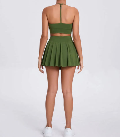 Casual Outdoor Yoga Set, Sports Bra and Short Tennis Skirt, Anti-Exposure Running Pocket Fitness Outfit, Breathable Yoga Tank Top and Tennis Set