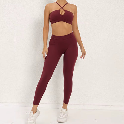 Women’s Cross-Back Backless Sports Set, Fitness Tracksuit, Push-Up Gym Leggings, Yoga Wear
