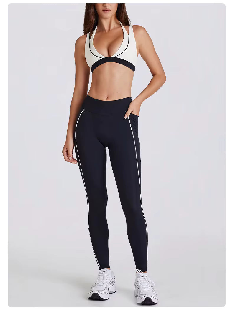 Women's Two-Piece Yoga Set with V-Neck Contrast Color Design, Beauty Back Faux Bra, High-Elastic Quick-Dry Fabric, Fitness Training and Running Shorts Set
