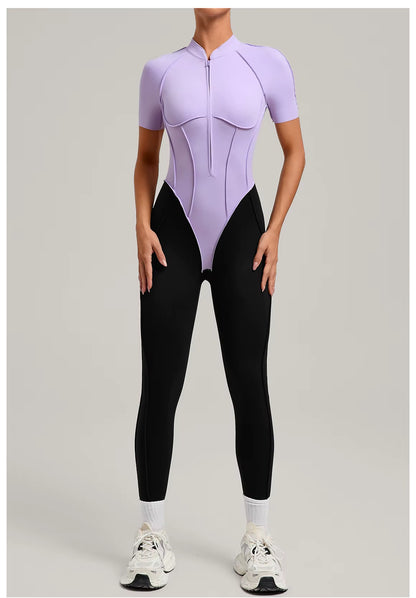 Women’s long sleeve one-piece jumpsuit yoga gym workout outfit, color-block fitness bodysuit activewear