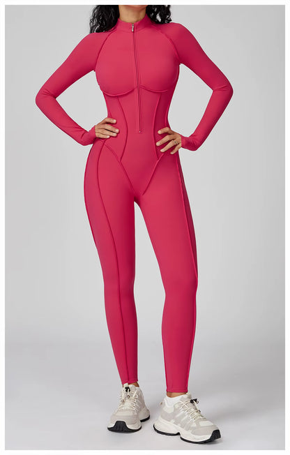 Long Sleeve Yoga Bodysuit Women’s Gym Jumpsuit with Zipper – One-Piece High-Intensity Training Fitness Activewear Tights