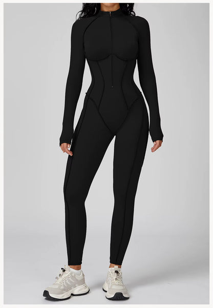 Long Sleeve Yoga Bodysuit Women’s Gym Jumpsuit with Zipper – One-Piece High-Intensity Training Fitness Activewear Tights