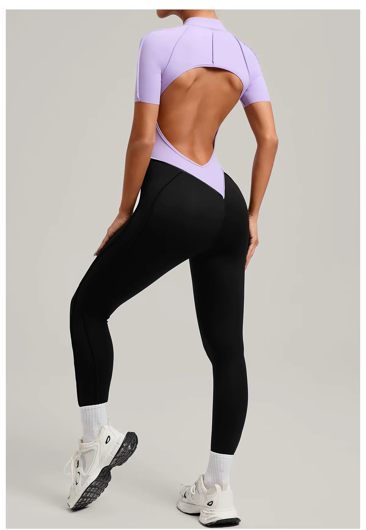 Women’s long sleeve one-piece jumpsuit yoga gym workout outfit, color-block fitness bodysuit activewear