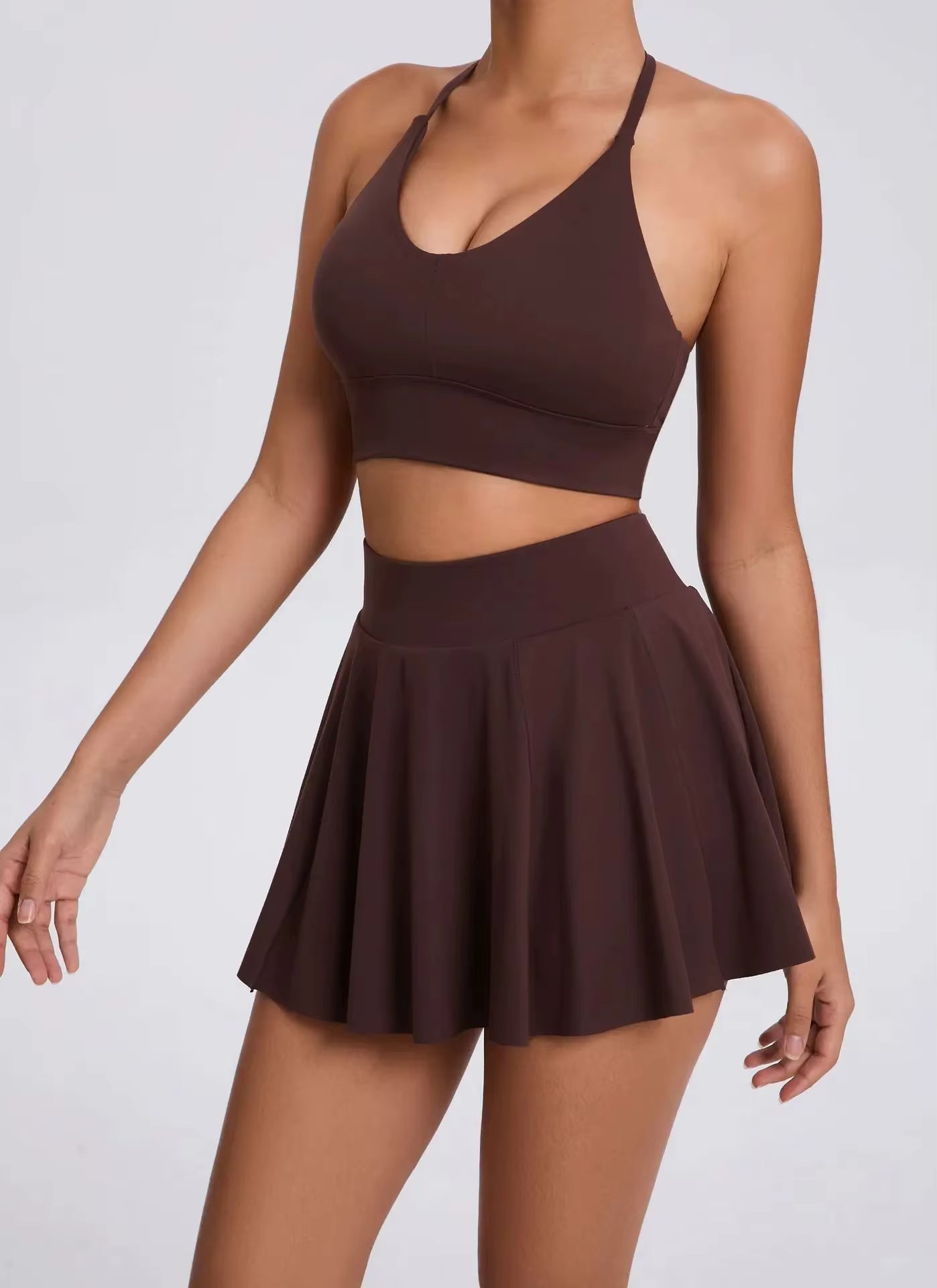 Casual Outdoor Yoga Set, Sports Bra and Short Tennis Skirt, Anti-Exposure Running Pocket Fitness Outfit, Breathable Yoga Tank Top and Tennis Set