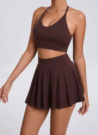 Casual Outdoor Yoga Set, Sports Bra and Short Tennis Skirt, Anti-Exposure Running Pocket Fitness Outfit, Breathable Yoga Tank Top and Tennis Set