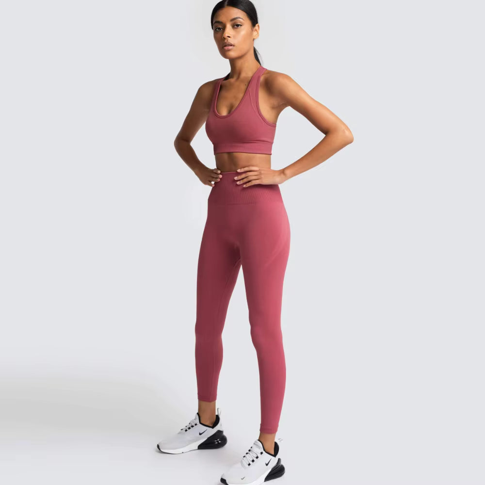 Women’s Seamless Yoga Set – Fitness Crop Top & High-Waist Tummy Control Leggings with Built-In Bra, Workout Outfit for Pilates, Gym and Running