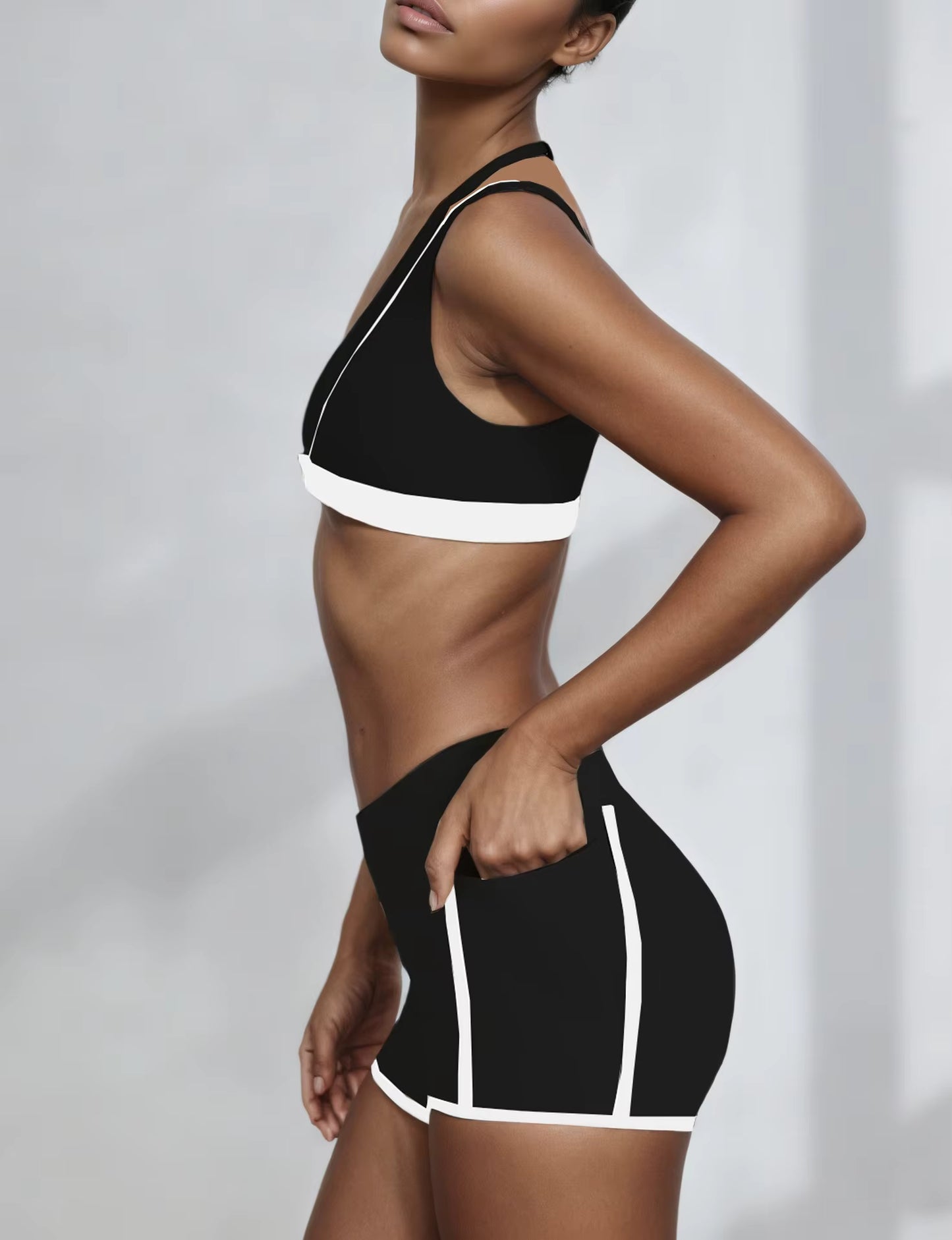 Women's Two-Piece Yoga Set with V-Neck Contrast Color Design, Beauty Back Faux Bra, High-Elastic Quick-Dry Fabric, Fitness Training and Running Shorts Set