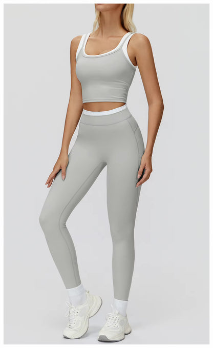 2-Piece Color Block Women’s Yoga Set, High-Waisted Casual Versatile Fitness Outfit, Fashion Sports Bra and Gym Leggings Activewear