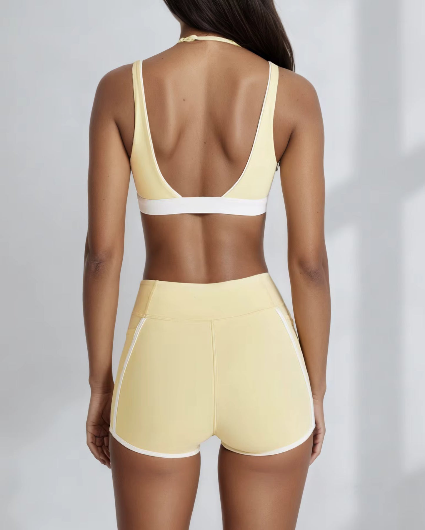Women's Two-Piece Yoga Set with V-Neck Contrast Color Design, Beauty Back Faux Bra, High-Elastic Quick-Dry Fabric, Fitness Training and Running Shorts Set