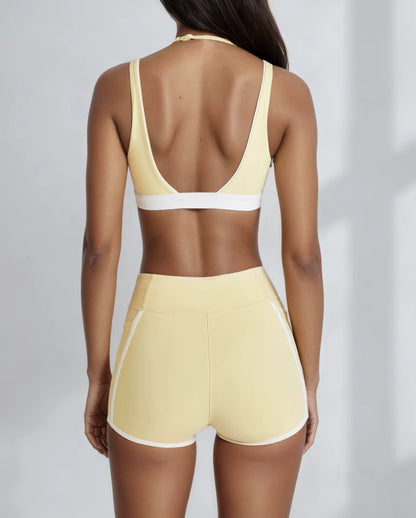 Women's Two-Piece Yoga Set with V-Neck Contrast Color Design, Beauty Back Faux Bra, High-Elastic Quick-Dry Fabric, Fitness Training and Running Shorts Set
