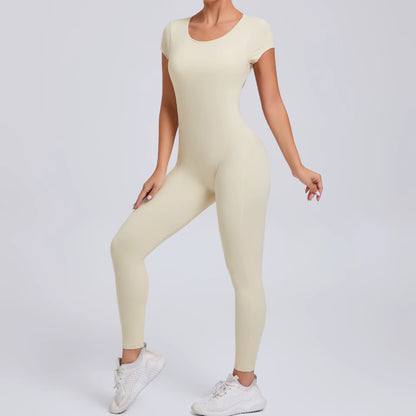 Women’s One-Piece Yoga Jumpsuit, Short Sleeve Open Back Slim Fit Sportswear, Quick-Dry Hip-Lift Fitness Gym Bodysuit