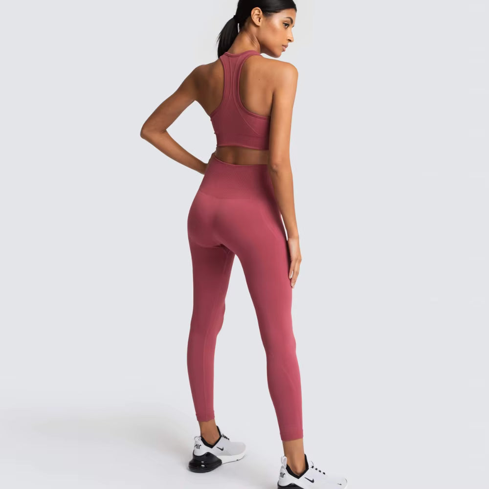 Women’s Seamless Yoga Set – Fitness Crop Top & High-Waist Tummy Control Leggings with Built-In Bra, Workout Outfit for Pilates, Gym and Running
