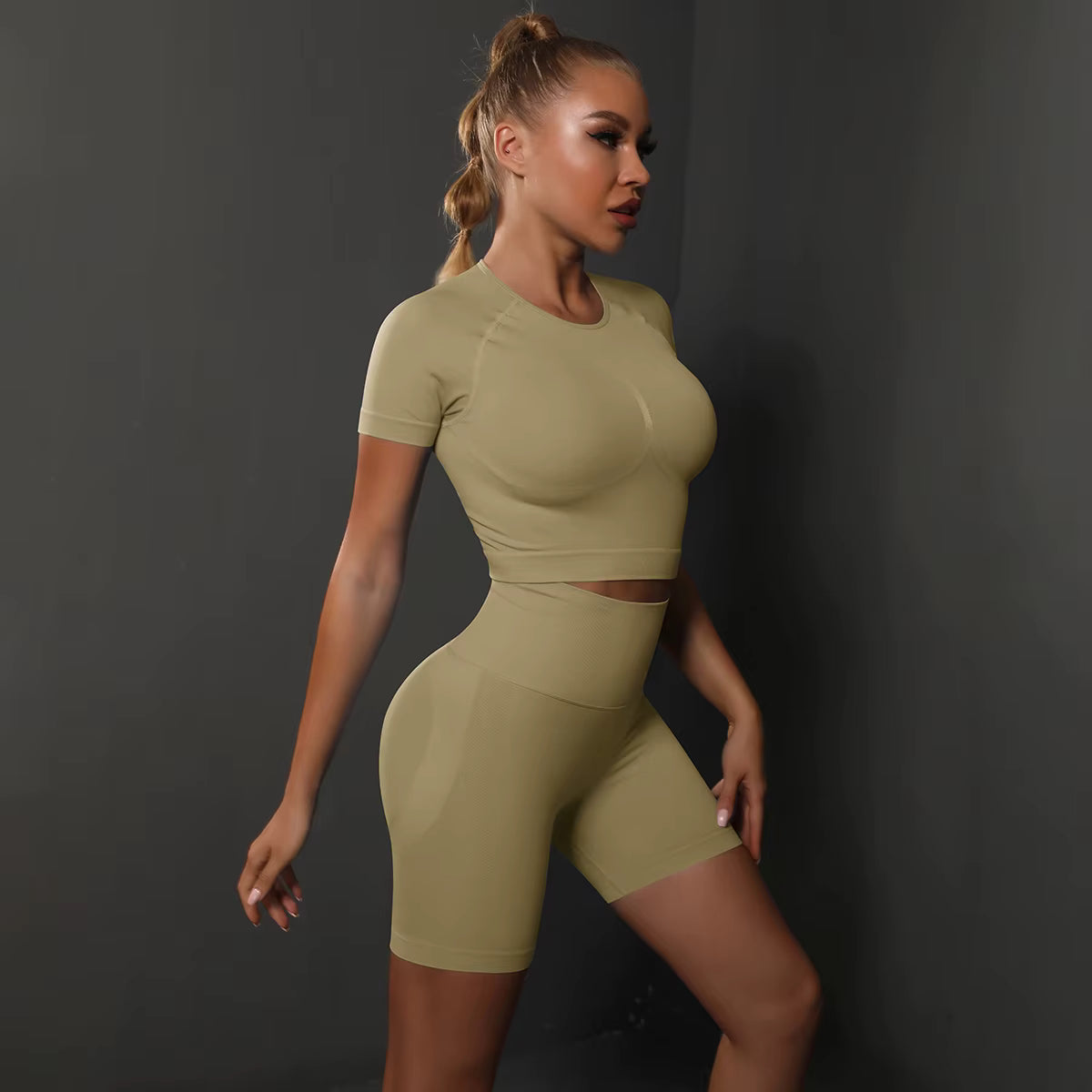 2-Piece Seamless Women’s Yoga Set Gym Sportswear – Top and High-Waisted Shorts, Tight Fit Workout Fitness Outfit with Butt-Lifting Effect