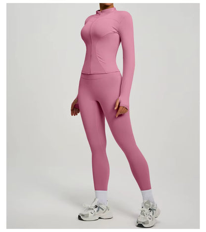 SVEIC Two-Piece Set: Yoga Jacket, Sports Top, Long Sleeve Zip-Up Jacket, Breathable Fitness Wear, High-Waisted Leggings, Women’s Gym Outfit