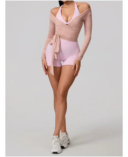 New women’s long sleeve one-piece yoga bodysuit, premium training yoga wear, ballet wrap top for women, gym sports top.