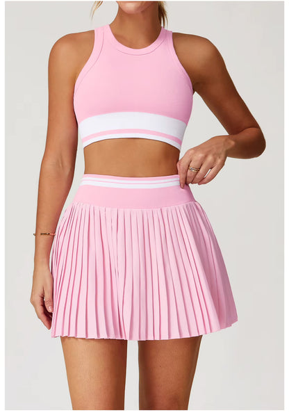 2-Piece Women’s Seamless Yoga Set – High-Waist Fitness Vest and Short Yoga Skirt, Color-Block Gym Workout Outfit