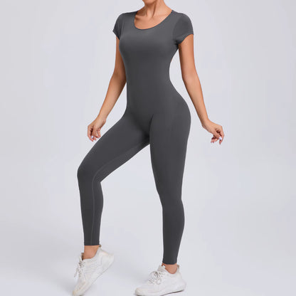 Women’s One-Piece Yoga Jumpsuit, Short Sleeve Open Back Slim Fit Sportswear, Quick-Dry Hip-Lift Fitness Gym Bodysuit