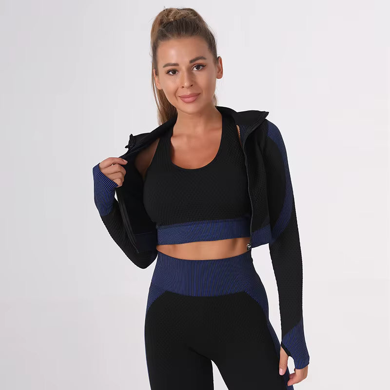 Women’s Summer Seamless Yoga Set – Sports and Fitness Tight Quick-Dry Waist-Fit Yoga Outfit Three-Piece Set