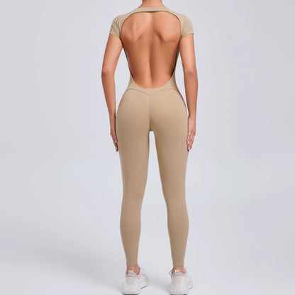 Women’s One-Piece Yoga Jumpsuit, Short Sleeve Open Back Slim Fit Sportswear, Quick-Dry Hip-Lift Fitness Gym Bodysuit