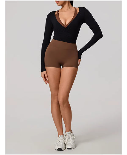 New women’s long sleeve one-piece yoga bodysuit, premium training yoga wear, ballet wrap top for women, gym sports top.