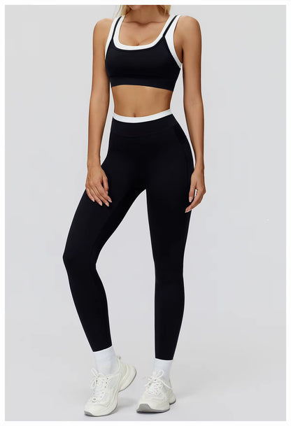 2-Piece Color Block Women’s Yoga Set, High-Waisted Casual Versatile Fitness Outfit, Fashion Sports Bra and Gym Leggings Activewear