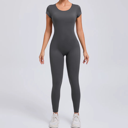 Women’s One-Piece Yoga Jumpsuit, Short Sleeve Open Back Slim Fit Sportswear, Quick-Dry Hip-Lift Fitness Gym Bodysuit