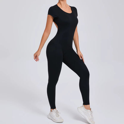 Women’s One-Piece Yoga Jumpsuit, Short Sleeve Open Back Slim Fit Sportswear, Quick-Dry Hip-Lift Fitness Gym Bodysuit