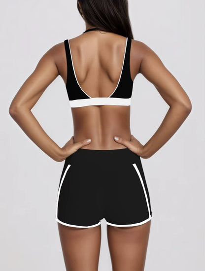 Women's Two-Piece Yoga Set with V-Neck Contrast Color Design, Beauty Back Faux Bra, High-Elastic Quick-Dry Fabric, Fitness Training and Running Shorts Set