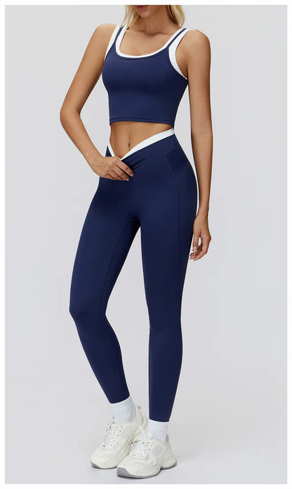 2-Piece Color Block Women’s Yoga Set, High-Waisted Casual Versatile Fitness Outfit, Fashion Sports Bra and Gym Leggings Activewear