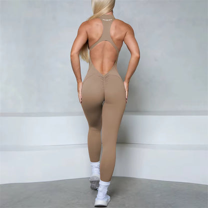 Women’s Sleeveless Zip-Up Scrunch Butt Fitness Jumpsuit, Sports Gym Set, Yoga Wear, Pilates Workout Outfit, Women’s Activewear