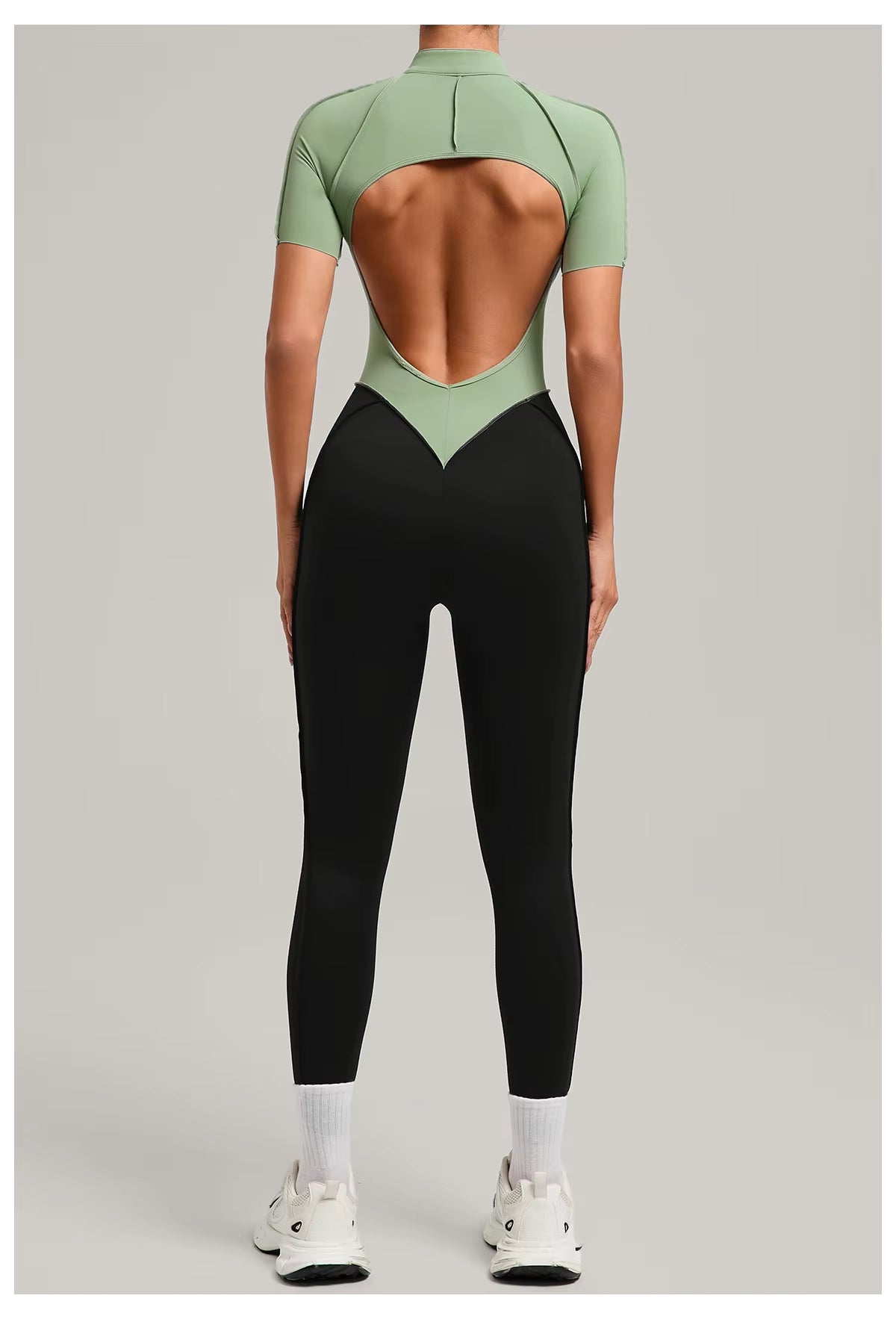 Women’s long sleeve one-piece jumpsuit yoga gym workout outfit, color-block fitness bodysuit activewear