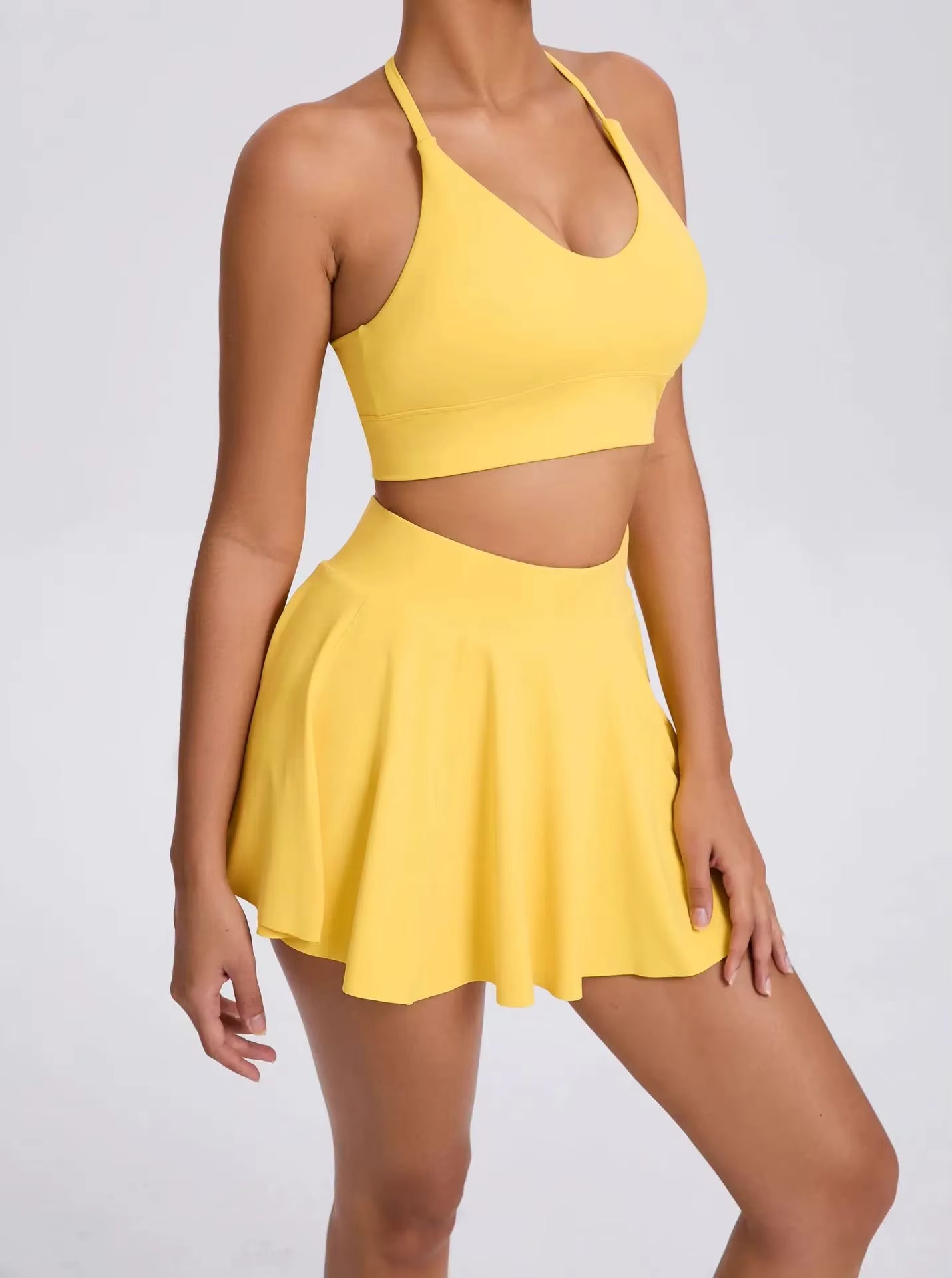 Casual Outdoor Yoga Set, Sports Bra and Short Tennis Skirt, Anti-Exposure Running Pocket Fitness Outfit, Breathable Yoga Tank Top and Tennis Set