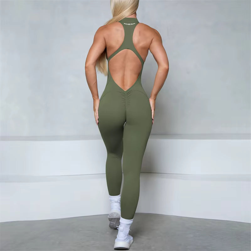 Women’s Sleeveless Zip-Up Scrunch Butt Fitness Jumpsuit, Sports Gym Set, Yoga Wear, Pilates Workout Outfit, Women’s Activewear