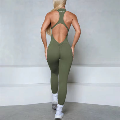 Women’s Sleeveless Zip-Up Scrunch Butt Fitness Jumpsuit, Sports Gym Set, Yoga Wear, Pilates Workout Outfit, Women’s Activewear