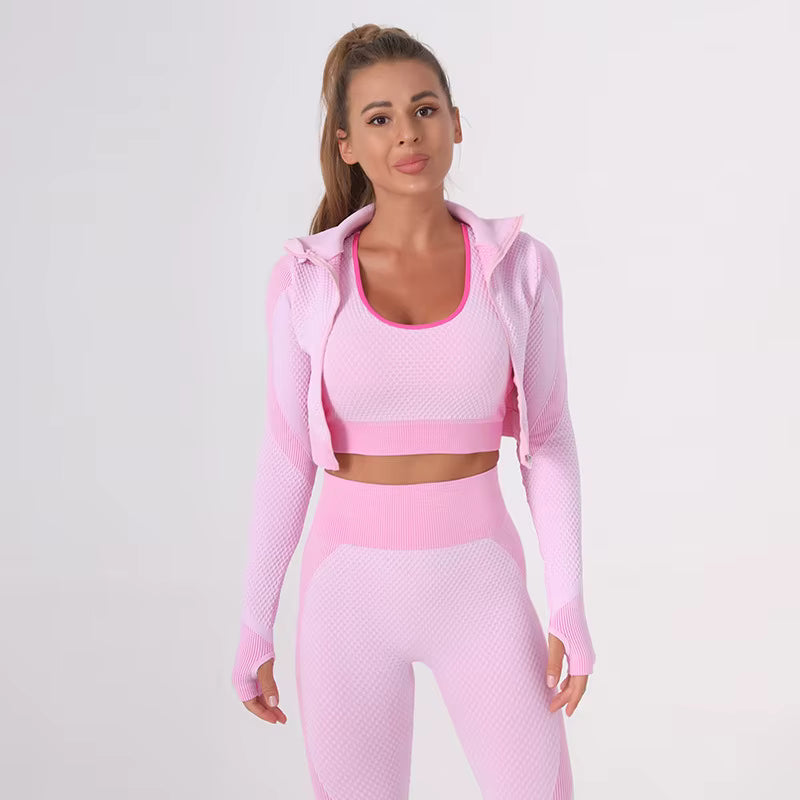 Women’s Summer Seamless Yoga Set – Sports and Fitness Tight Quick-Dry Waist-Fit Yoga Outfit Three-Piece Set