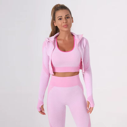 Women’s Summer Seamless Yoga Set – Sports and Fitness Tight Quick-Dry Waist-Fit Yoga Outfit Three-Piece Set