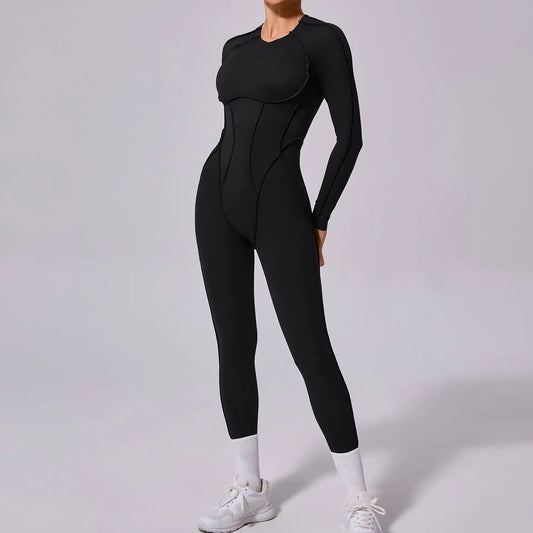 New Summer Short Sports Jumpsuit, Women’s Gym Workout Romper, Push-Up Yoga Activewear, Long Sleeve Fitness Jumpsuit