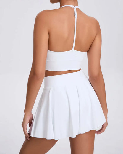 Casual Outdoor Yoga Set, Sports Bra and Short Tennis Skirt, Anti-Exposure Running Pocket Fitness Outfit, Breathable Yoga Tank Top and Tennis Set