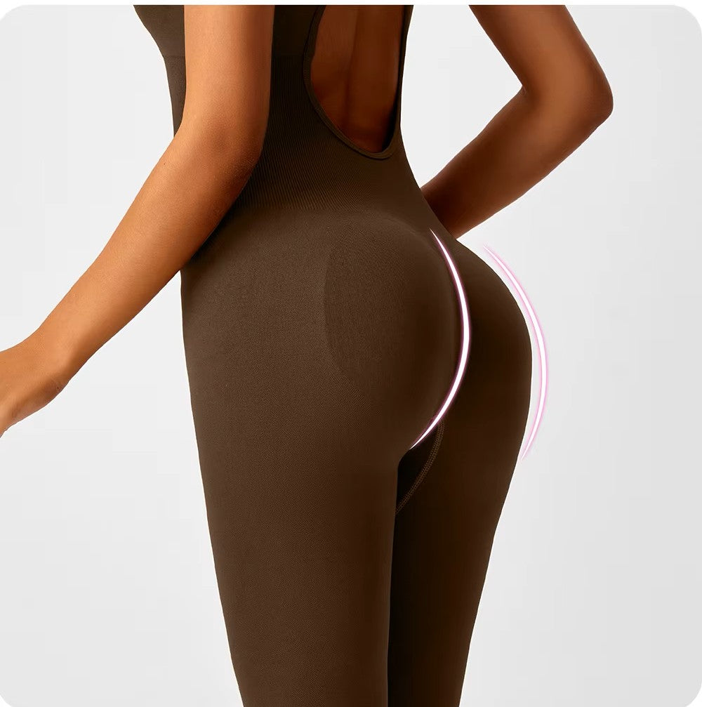 Seamless One-Piece Peach Lift Yoga Bodysuit – V-Back Tummy Control Gym Wear for Women – Sexy Bodycon Fitness Workout Jumpsuit